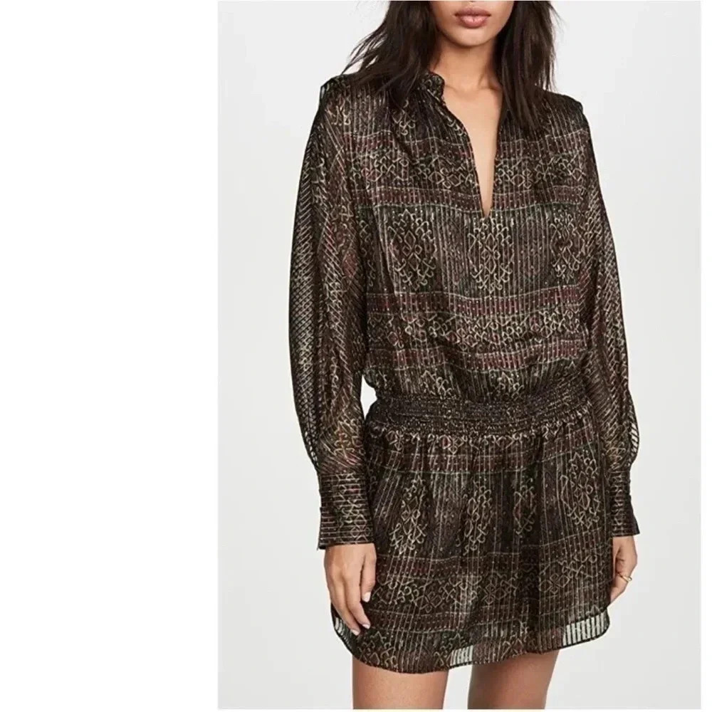 Frame Paisley Metallic Silk Long Sleeve Mini Dress Size Small